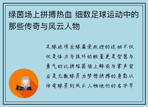 绿茵场上拼搏热血 细数足球运动中的那些传奇与风云人物